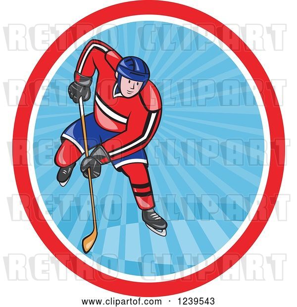 Vector Clip Art of Retro Cartoon Hockey Player in an Oval of Blue Rays