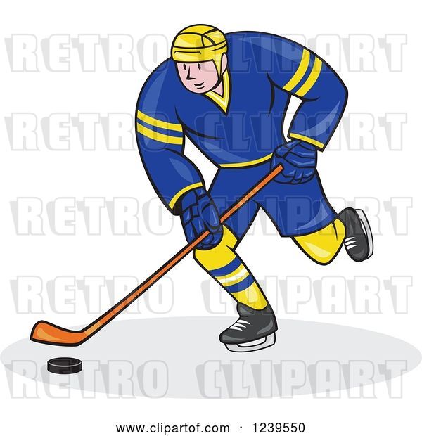 Vector Clip Art of Retro Cartoon Hockey Player in Blue and Yellow