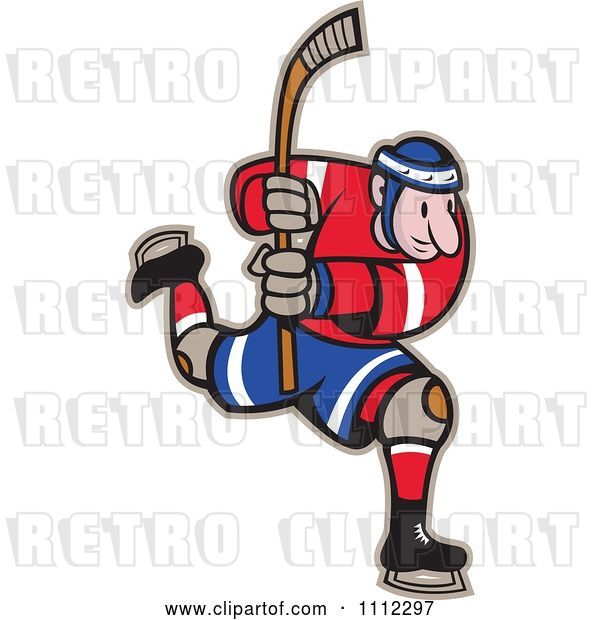Vector Clip Art of Retro Cartoon Hockey Player Skating and Holding up a Stick
