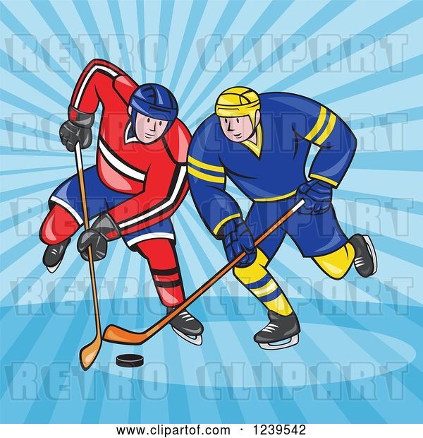 Vector Clip Art of Retro Cartoon Hockey Players over Blue Rays by