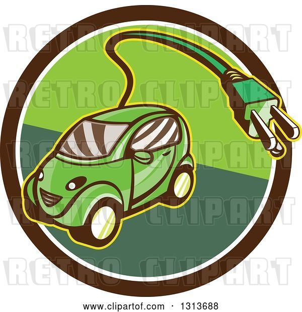 Vector Clip Art of Retro Cartoon Hybrid Electric Car with a Plug in a Brown and Green Circle