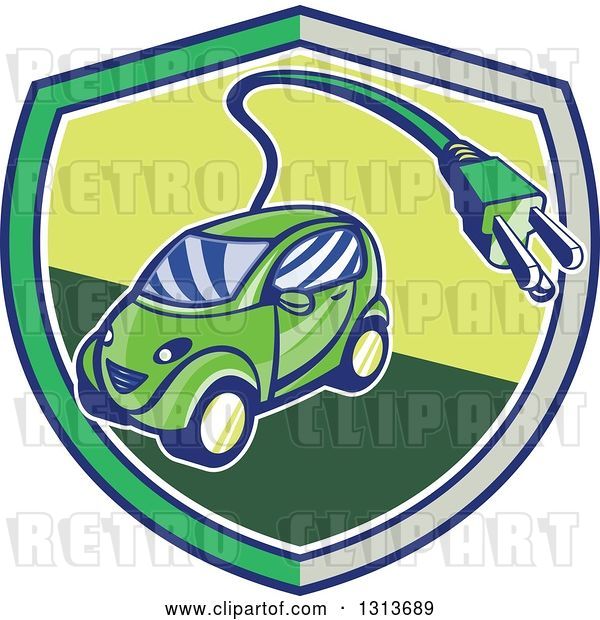 Vector Clip Art of Retro Cartoon Hybrid Electric Car with a Plug in a Gray and Green Shield
