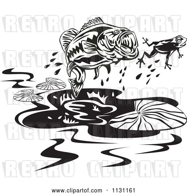Vector Clip Art of Retro Cartoon Largemouth Bass Fish Chasing a Frog