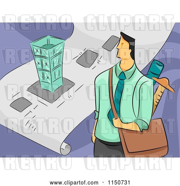 Vector Clip Art of Retro Cartoon Male Architect with a Bag and Blueprints
