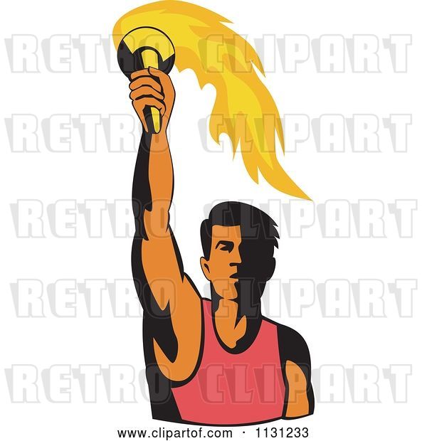 Vector Clip Art of Retro Cartoon Male Athlete Holding up a Torch
