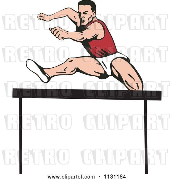 Vector Clip Art of Retro Cartoon Male Athlete Jumping a Hurdle 4