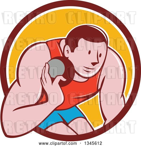 Vector Clip Art of Retro Cartoon Male Athlete Throwing a Shotput in a Brown White and Yellow Circle