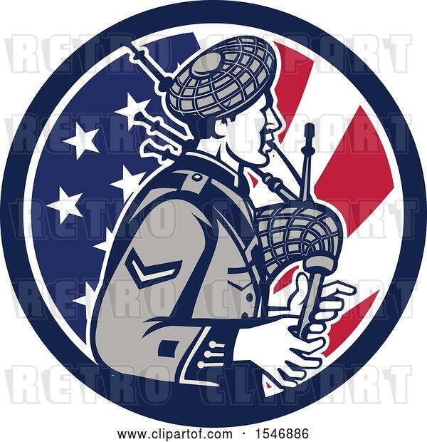 Vector Clip Art of Retro Cartoon Male Bagpiper in an American Flag Circle