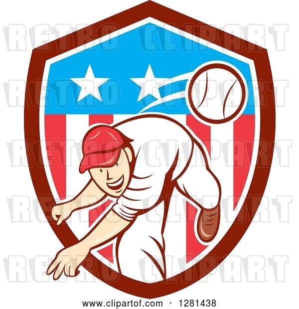 Vector Clip Art of Retro Cartoon Male Baseball Player Pitching in an American Themed Shield