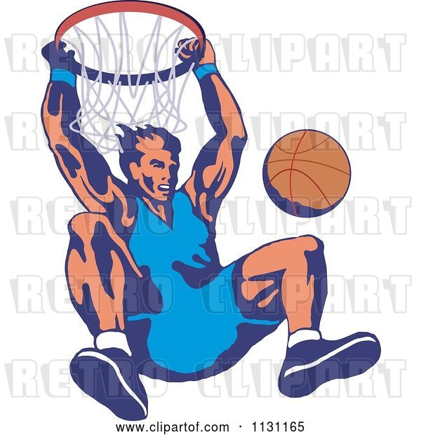 Vector Clip Art of Retro Cartoon Male Basketball Athlete Hanging from a Hoop