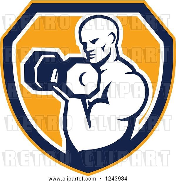Vector Clip Art of Retro Cartoon Male Bodybuilder Doing Bicep Curls with a Dumbbell over a Shield