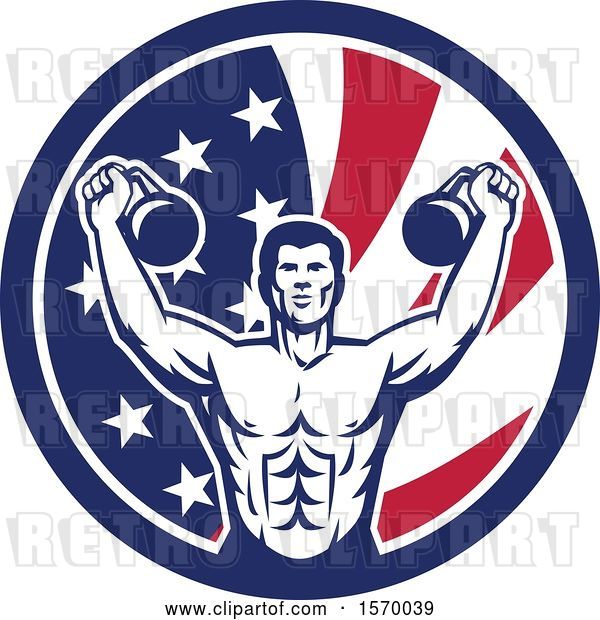 Vector Clip Art of Retro Cartoon Male Bodybuilder Working out with Kettlebells in an American Flag Circle
