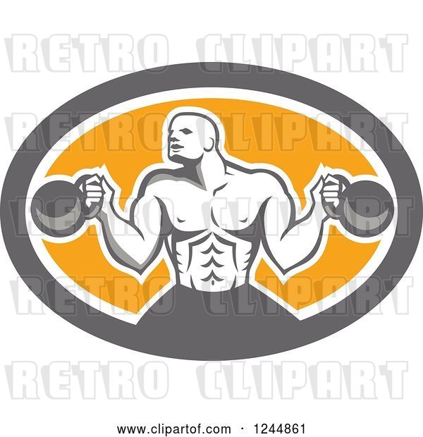 Vector Clip Art of Retro Cartoon Male Bodybuilder Working out with Kettlebells in an Oval