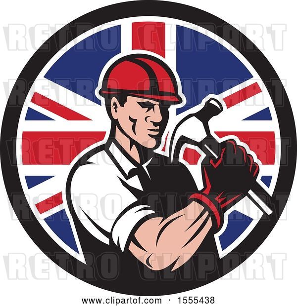 Vector Clip Art of Retro Cartoon Male Builder Construction Worker Holding a Union Jack Flag Circle