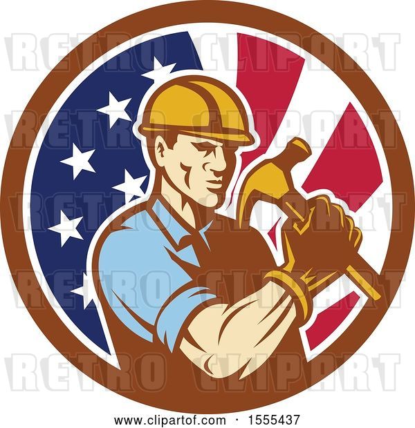 Vector Clip Art of Retro Cartoon Male Builder Construction Worker Holding an American Flag Circle