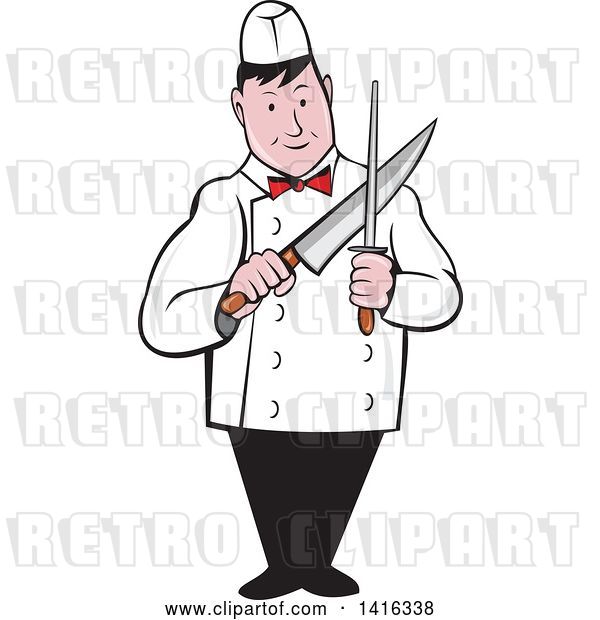 Vector Clip Art of Retro Cartoon Male Butcher Sharpening a Knife