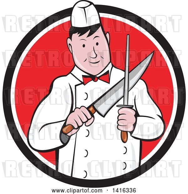 Vector Clip Art of Retro Cartoon Male Butcher Sharpening a Knife in a Black White and Red Circle