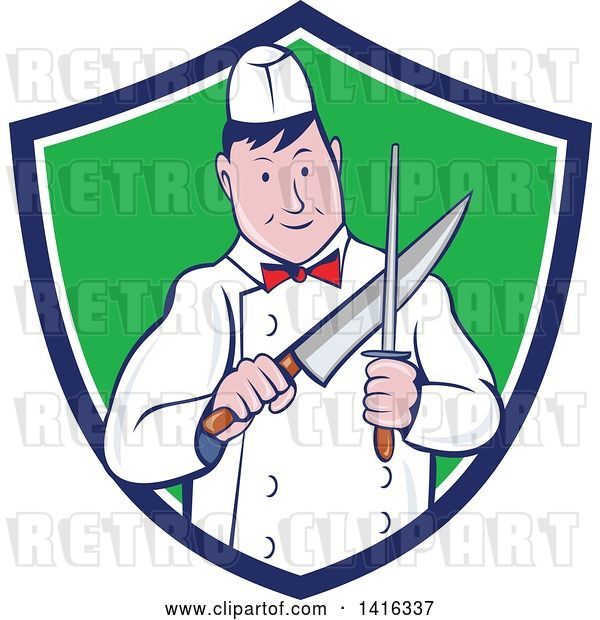 Vector Clip Art of Retro Cartoon Male Butcher Sharpening a Knife in a Blue White and Green Shield