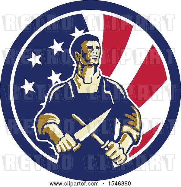 Vector Clip Art of Retro Cartoon Male Butcher Sharpening a Knife in an American Flag Circle