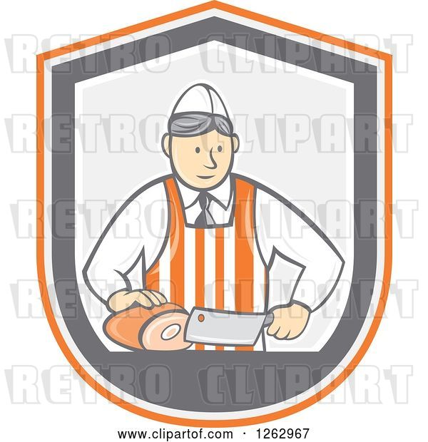 Vector Clip Art of Retro Cartoon Male Butcher Slicing Ham in an Orange White and Gray Shield