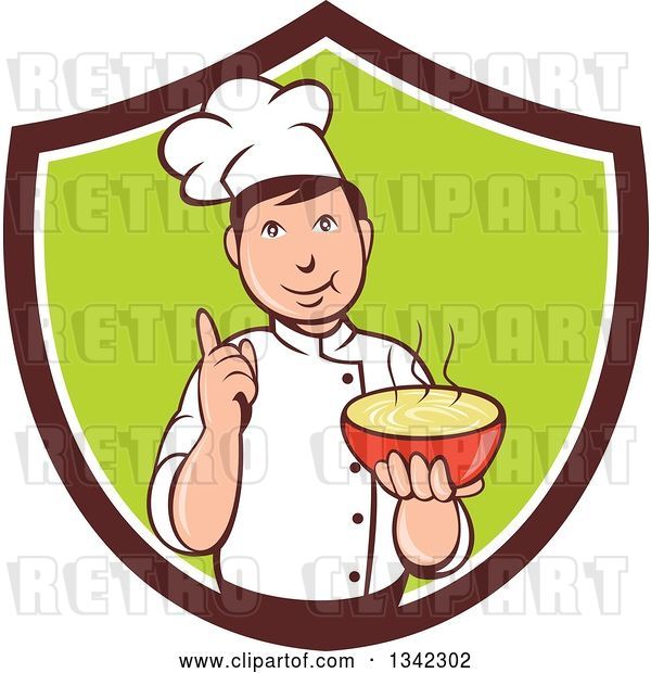 Vector Clip Art of Retro Cartoon Male Chef Holding a Hot Bowl of Soup in a Brown White and Green Shield