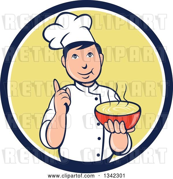 Vector Clip Art of Retro Cartoon Male Chef Holding a Hot Bowl of Soup in a Navy Blue White and Yellow Circle