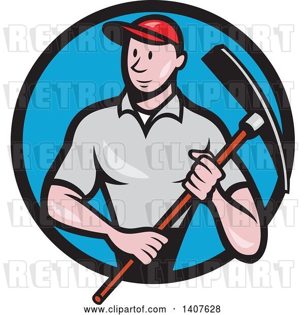 Vector Clip Art of Retro Cartoon Male Construction Worker Holding a Pickaxe and Emerging from a Black and Blue Circle