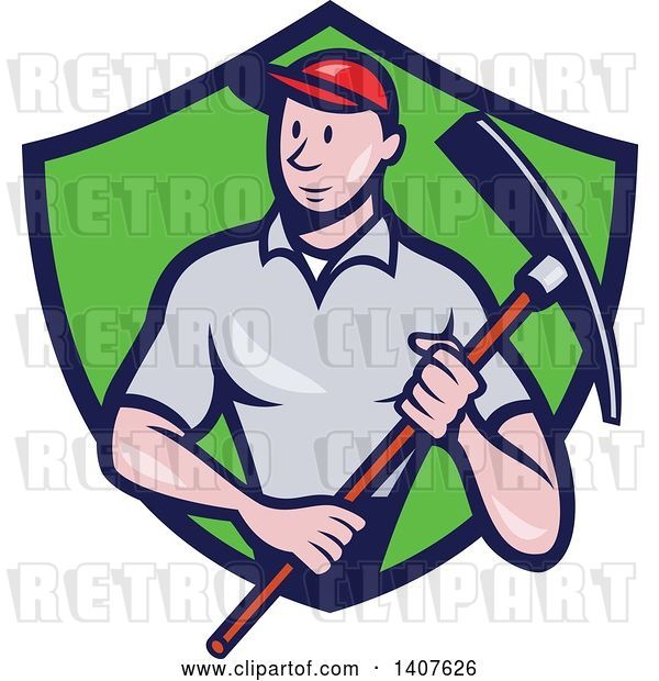 Vector Clip Art of Retro Cartoon Male Construction Worker Holding a Pickaxe and Emerging from a Green and Blue Shield