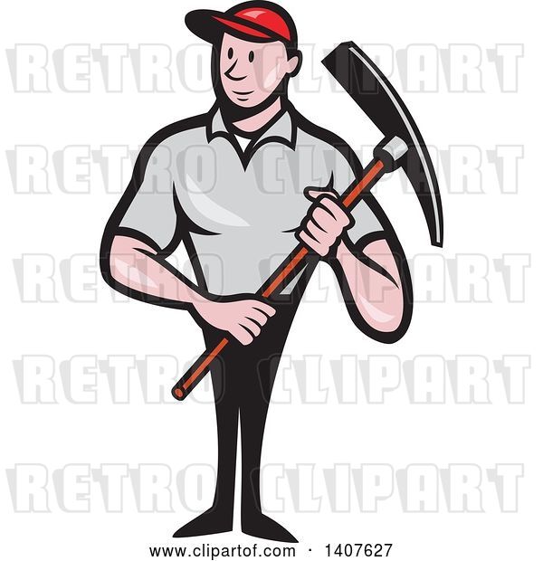 Vector Clip Art of Retro Cartoon Male Construction Worker Holding a Pickaxe