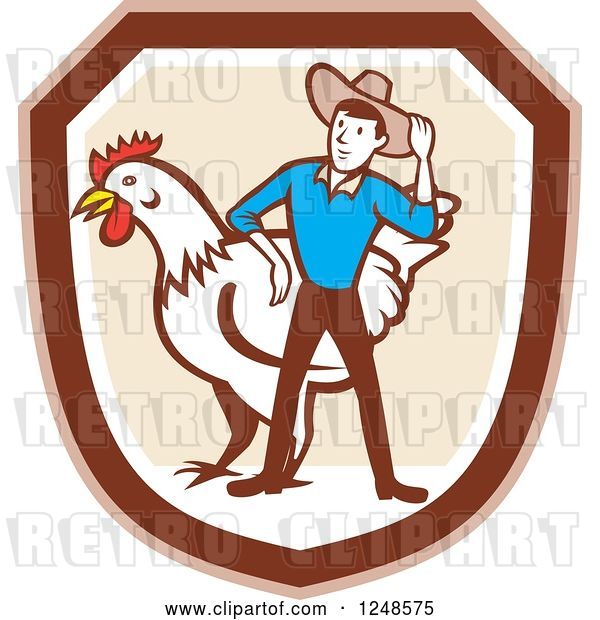 Vector Clip Art of Retro Cartoon Male Farmer and Giant Chicken in a Shield