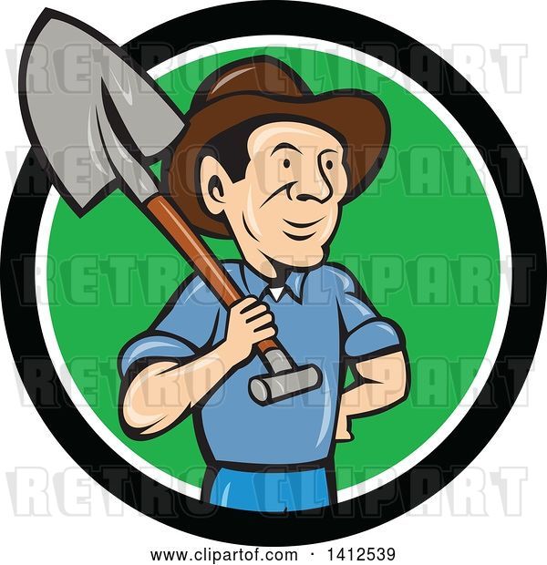 Vector Clip Art of Retro Cartoon Male Farmer Standing with One Hand on His Hip and a Shovel over His Shoulder, Emerging from a Black White and Green Circle