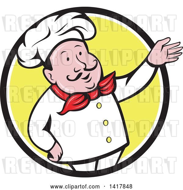 Vector Clip Art of Retro Cartoon Male French Chef Presenting in a Black White and Yellow Circle