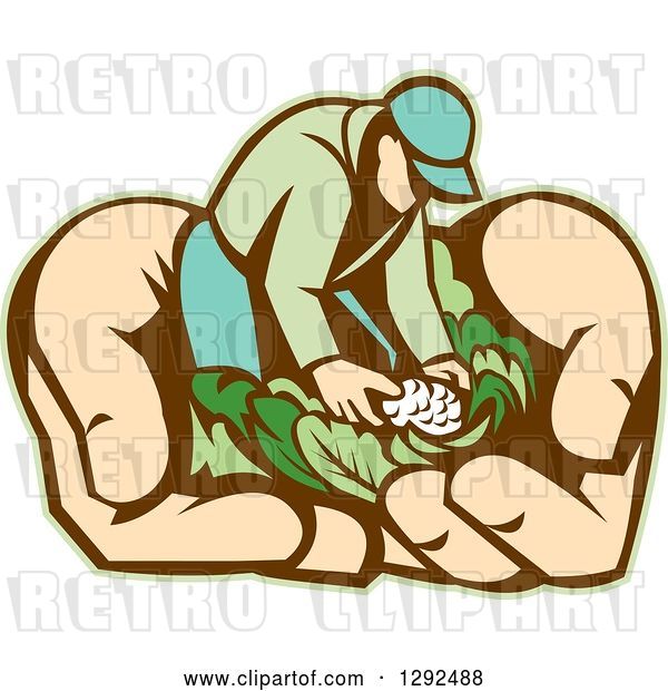 Vector Clip Art of Retro Cartoon Male Gardener with Vegetables in Giant Hands