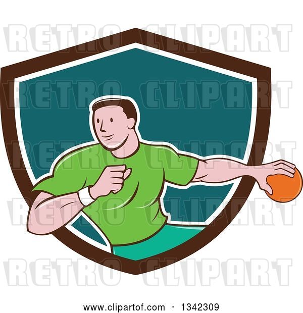 Vector Clip Art of Retro Cartoon Male Handball Player in Action, Emerging from a Brown White and Teal Shield