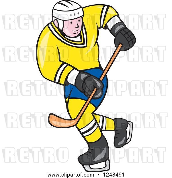 Vector Clip Art of Retro Cartoon Male Hockey Player in Blue and Yellow