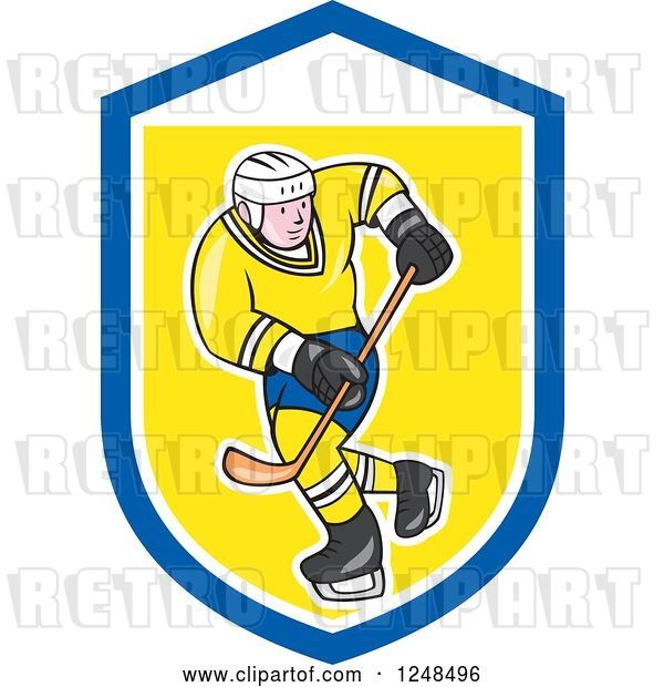 Vector Clip Art of Retro Cartoon Male Hockey Player in Blue and Yellow, in a Shield