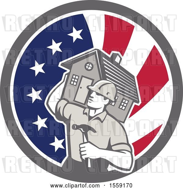 Vector Clip Art of Retro Cartoon Male Home Builder Carrying a House and Hammer in an American Flag Circle