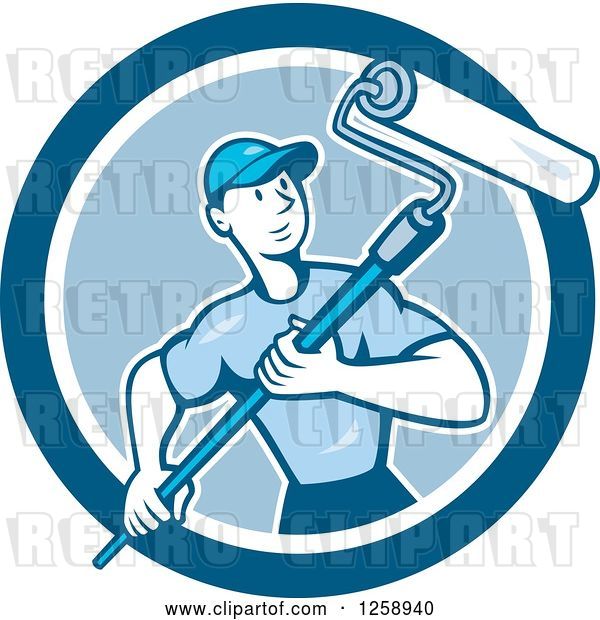 Vector Clip Art of Retro Cartoon Male House Painter with a Roller Brush in a Blue Circle