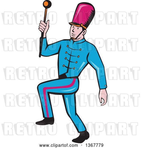 Vector Clip Art of Retro Cartoon Male Marching Band Leader Holding a Baton