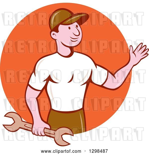 Vector Clip Art of Retro Cartoon Male Mechanic Holding a Wrench and Waving in an Orange Circle