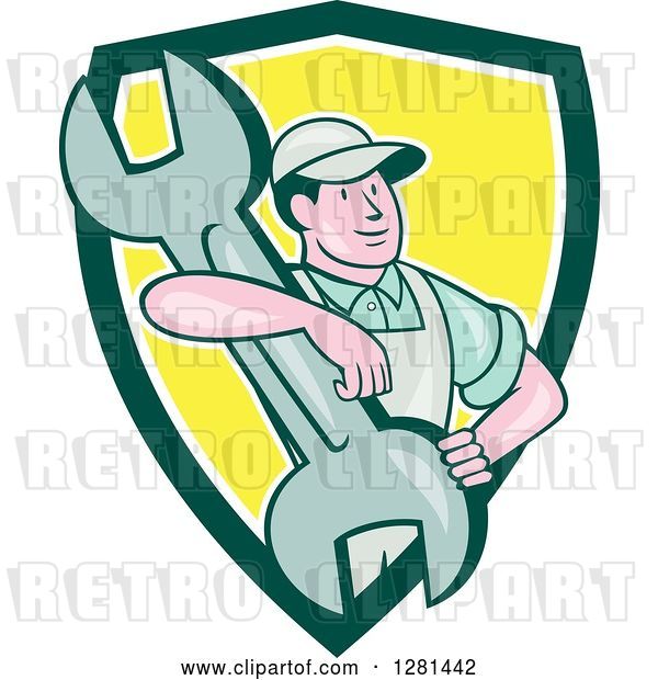 Vector Clip Art of Retro Cartoon Male Mechanic with His Arm Around a Giant Wrench in a Green White and Yellow Shield