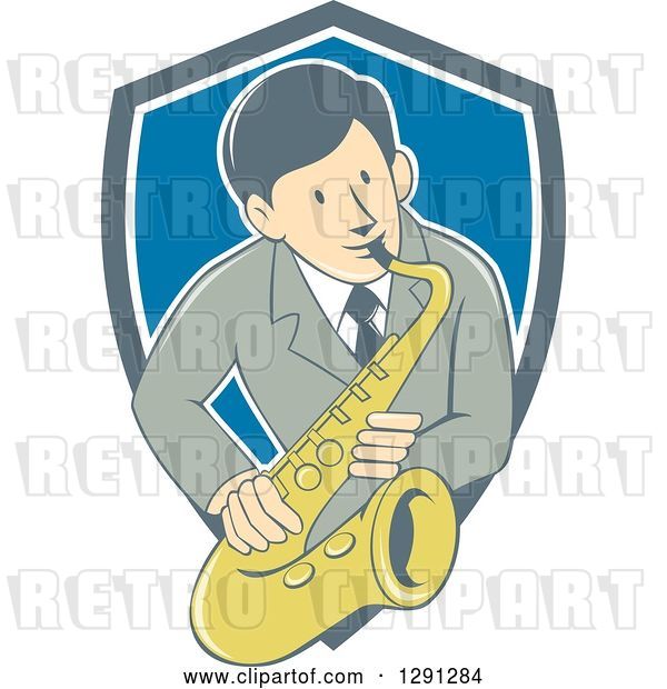 Vector Clip Art of Retro Cartoon Male Musician Playing a Saxophone and Emerging from a Gray White and Blue Shield