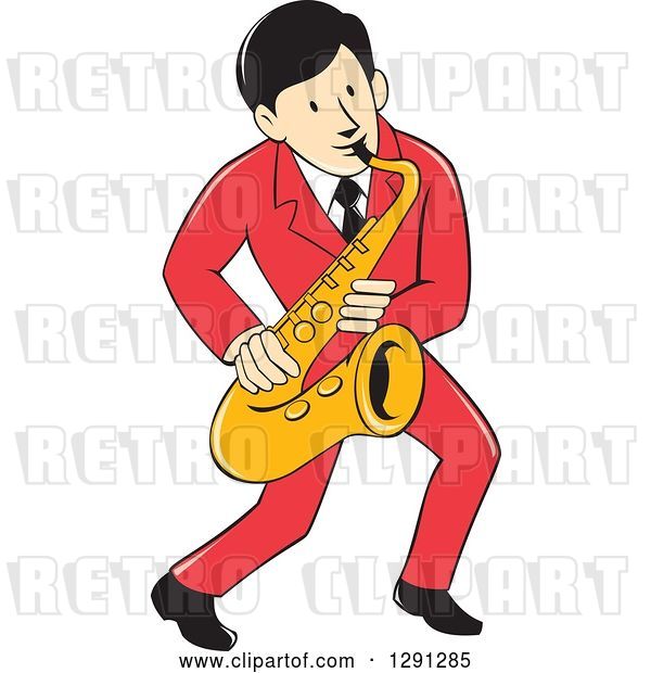 Vector Clip Art of Retro Cartoon Male Musician Playing a Saxophone and Wearing a Red Suit