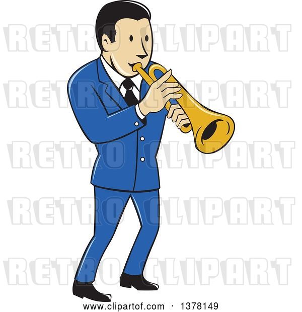 Vector Clip Art of Retro Cartoon Male Musician Playing a Trumpet and Wearing a Blue Suit