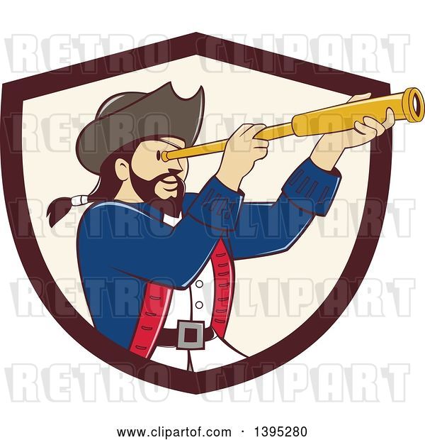 Vector Clip Art of Retro Cartoon Male Pirate Captain Viewing Through a Spyglass, Emerging from a Brown and Beige Shield
