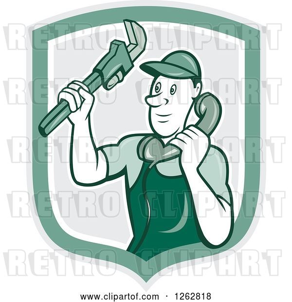 Vector Clip Art of Retro Cartoon Male Plumber Holding a Monkey Wrench and Taking a Call in a Green Shield