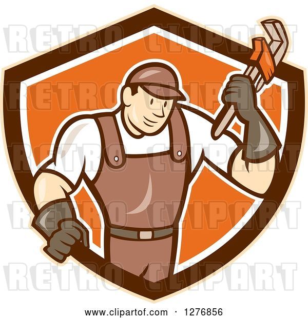 Vector Clip Art of Retro Cartoon Male Plumber Holding a Monkey Wrench in a Tan Brown White and Orange Shield