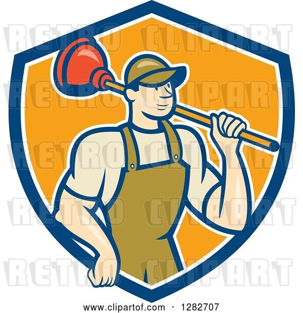 Vector Clip Art of Retro Cartoon Male Plumber Holding a Plunger over His Shoulder in a Blue White and Orange Shield