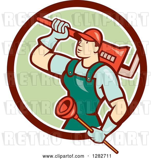 Vector Clip Art of Retro Cartoon Male Plumber with a Giant Monkey Wrench and a Plunger in a Brown White and Green Circle