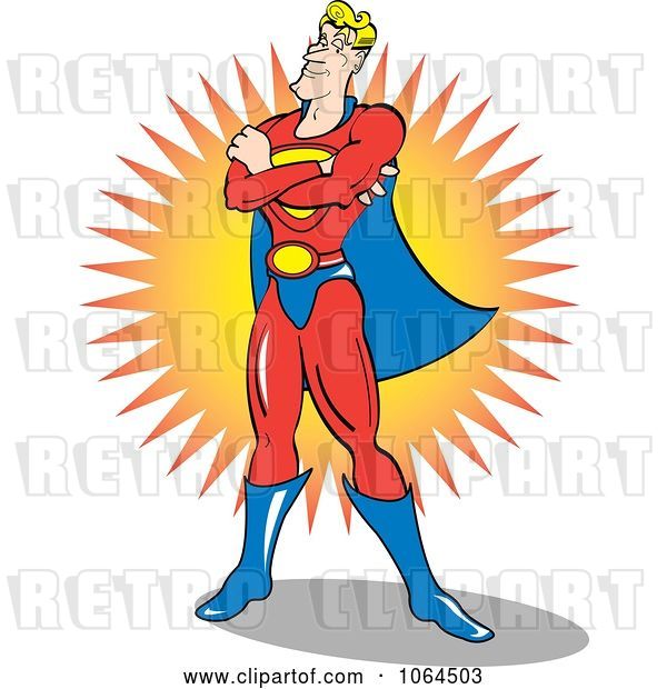 Vector Clip Art of Retro Cartoon Male Super Hero Standing Proud